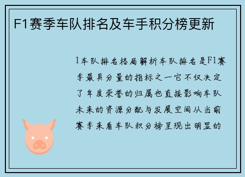 F1赛季车队排名及车手积分榜更新
